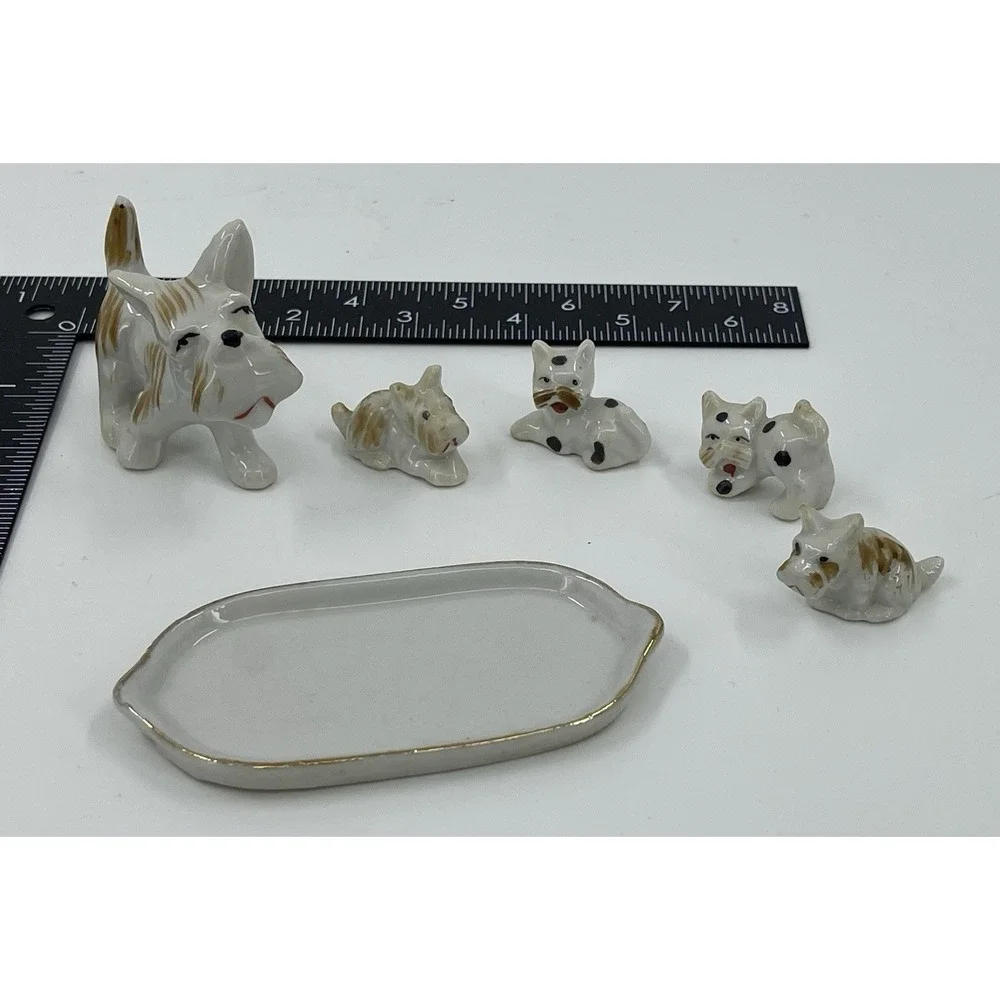 Terrier Small Dog w Puppies White Brown Occupied Japan Porcelain‎ Figurines HTF